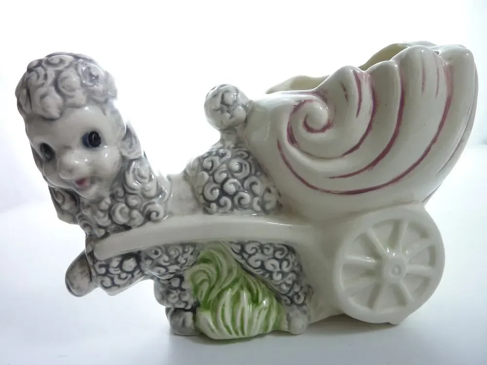 Vintage Ceramic Poodle Shell Cart Planter White Kitsch Dog Figurine Pot 6.5 Inch